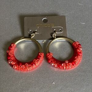 NWT Chico’s Malibu Red Fabric Wrapped Gold Hoop Earrings With Beaded Details